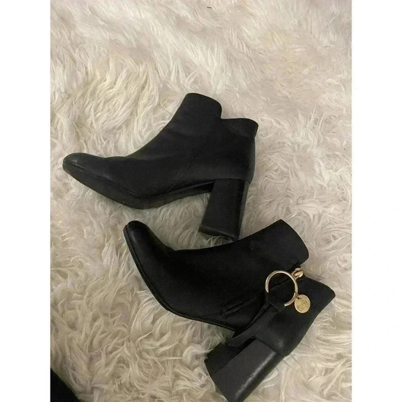 See by Chloe Boots Louise Block Heel Ankle Booties Black Leather Zip Size 37 7 - Picture 4 of 15